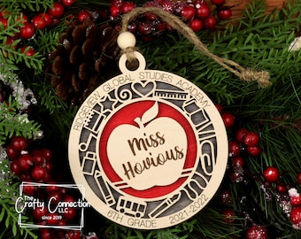 Adorno escolar, adorno de recuerdo escolar, nombre de la escuela, grado del niño, año, nombre del maestro, regalo personalizado, adorno para árbol de Navidad
