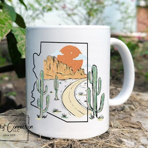 Arizona Coffee Mug, Arizona State Coffee Cup with Desert Highway and Cactus Plants
