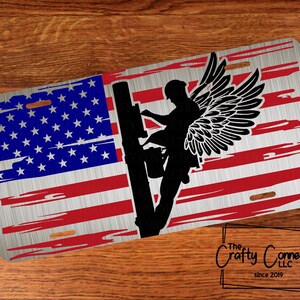 Lineman Front License Plate - Lineman Angel License Plate - Custom License Plate - American Flag Vanity Car Tag