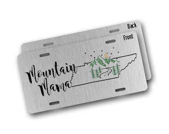 Placa de matrícula de Tennessee, placa de matrícula personalizada del estado, etiqueta de coche Mountain Mama Vanity en plata