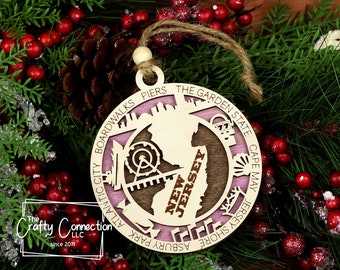 Adorno navideño de Nueva Jersey, Adorno de Nueva Jersey, Intercambio de adornos de madera, Adorno del estado de Nueva Jersey, Adorno de viaje familiar