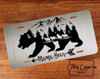 Mama Bear 2 logo Car Tag Diamond Etched on Black Aluminum License Plate Mama Bear 2 logo Car Tag Diamond Etched on Black Aluminum License Plate