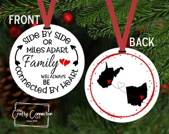 Adorno familiar, Adorno navideño a millas de distancia, Adorno familiar personalizado para árbol de Navidad, Lado a lado, A millas de distancia, Siempre conectados por el corazón