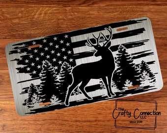 Deer Front License Plate, American Flag License Plate, Wildlife License Plate, Custom License Plate, Vanity Car Tag in Black
