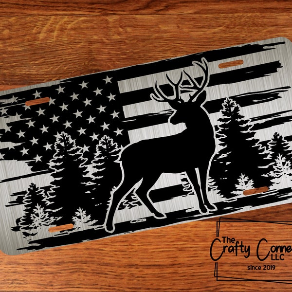 Deer Front License Plate, American Flag License Plate, Wildlife License Plate, Custom License Plate, Vanity Car Tag in Black