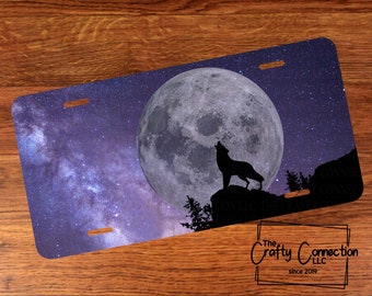 Placa de matrícula delantera de lobo, regalo de cumpleaños para amantes de los lobos, luna llena y estrellas