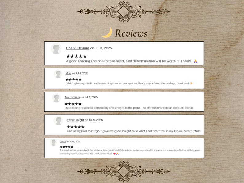 Pode incluir: Uma exibi&ccedil;&atilde;o digital de cinco avalia&ccedil;&otilde;es de clientes com classifica&ccedil;&otilde;es de cinco estrelas, nomes de usu&aacute;rio, datas e feedback escrito. O texto inclui coment&aacute;rios como A good reading and one to take heart e The reading was so good.