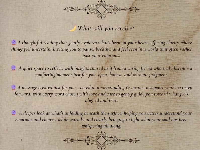 Pode incluir: Um documento texturizado bege com um cabe&ccedil;alho e rodap&eacute; decorativos com o texto What will you receive? seguido por quatro marcadores com &iacute;cones de bola de cristal, detalhando um servi&ccedil;o que oferece uma leitura reflexiva e percep&ccedil;&otilde;es.
