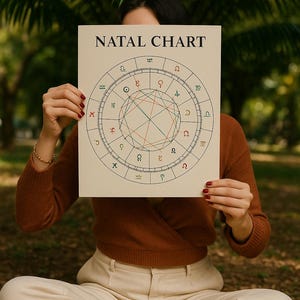 Puede incluir: Una persona sostiene un letrero crema de "NATAL CHART" con s&iacute;mbolos astrol&oacute;gicos. El gr&aacute;fico presenta un dise&ntilde;o circular con s&iacute;mbolos y l&iacute;neas rojas, verdes y negras. La persona lleva un su&eacute;ter marr&oacute;n y pantalones beige.