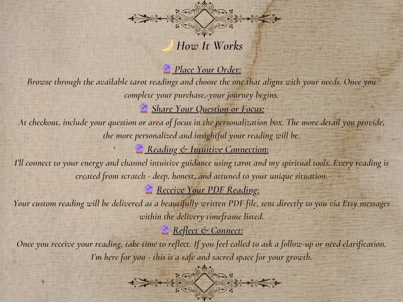 Puede incluir: Imagen en tonos beige con texto que detalla el proceso de las lecturas de tarot. El texto incluye pasos como realizar un pedido, compartir una pregunta, conexi&oacute;n intuitiva, recibir una lectura en PDF y reflexionar. Adornos decorativos enmarcan el texto.