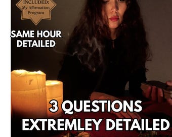 May include: Image of a tarot reading with text that reads "3 Questions Extremely Detailed Tarot Reading" and "soul, love, career and more." The image also includes the text "Same Hour Detailed" and "Bonus Included: My Affirmation Program."