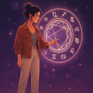 Puede incluir: Ilustraci&oacute;n digital de una persona se&ntilde;alando una rueda zodiacal brillante con s&iacute;mbolos astrol&oacute;gicos. La persona lleva una chaqueta marr&oacute;n, pantalones grises y zapatillas blancas. El fondo es un cielo nocturno p&uacute;rpura oscuro con estrellas.