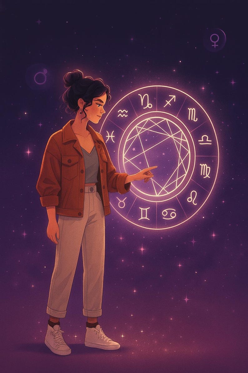 Puede incluir: Ilustraci&oacute;n digital de una persona se&ntilde;alando una rueda zodiacal brillante con s&iacute;mbolos astrol&oacute;gicos. La persona lleva una chaqueta marr&oacute;n, pantalones grises y zapatillas blancas. El fondo es un cielo nocturno p&uacute;rpura oscuro con estrellas.