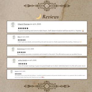 Puede incluir: Un fondo beige con la palabra "Reviews" y testimonios de clientes. Cada rese&ntilde;a incluye un nombre, una fecha y una calificaci&oacute;n de cinco estrellas. Las rese&ntilde;as son positivas, con comentarios sobre lecturas perspicaces.