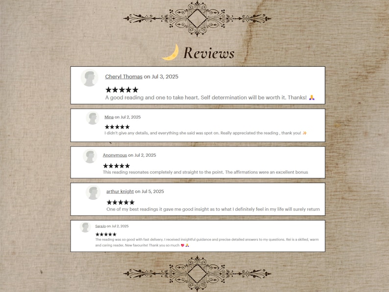 Puede incluir: Un fondo beige con la palabra "Reviews" y testimonios de clientes. Cada rese&ntilde;a incluye un nombre, una fecha y una calificaci&oacute;n de cinco estrellas. Las rese&ntilde;as son positivas, con comentarios sobre lecturas perspicaces.