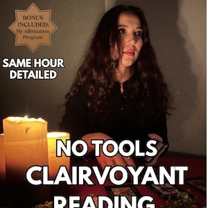 以下が含まれることがあります： 長い茶色の髪の女性がろうそくの光で照らされている画像。テキストは「NO TOOLS CLAIRVOYANT READING」と「SAME HOUR DETAILED」と書かれています。ボーナスアファメーションプログラムが含まれています。