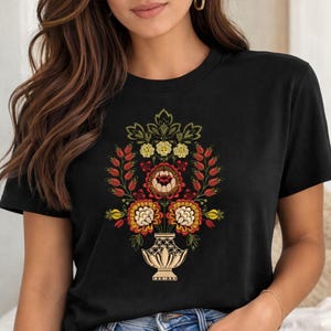 Small Rose Embroidery Design: Floral Leaves & Branches in small pot Digital Download.