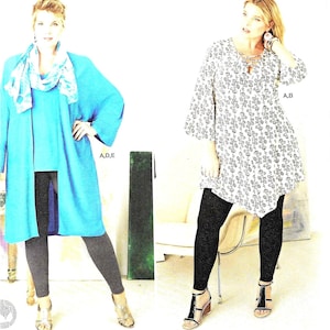Pode incluir: Um padrão de costura para uma blusa túnica e calças. O padrão inclui cinco vistas diferentes: uma túnica comprida com um lenço, uma túnica curta com estampa floral, uma calça, uma túnica curta com bainha franjada e uma túnica curta com bainha lisa. O padrão é para os tamanhos 14-22.