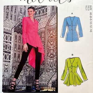 May include: A sewing pattern for a blazer with three different views. The pattern includes a pink blazer with a high-low hem, a light blue blazer, and a green blazer with a ruffle hem. The pattern is for sizes 6-8-10-12-14. The pattern is from McCall's and is called #JessaMcCalls.
