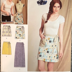May include: Simplicity Learn to Sew pattern 8133. The pattern includes instructions for making wrap skirts. The image shows a woman wearing a wrap skirt with a geometric pattern. The pattern also includes instructions for a shaped waistband with a tie end and a patch pocket.