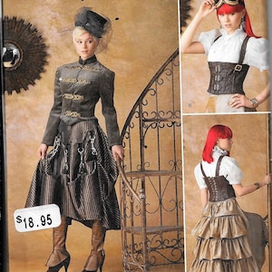 May include: Simplicity sewing pattern number 1558 for a steampunk-inspired outfit. The pattern includes a jacket, skirt, and corset. The model is wearing a brown and black striped skirt, a brown jacket with gold accents, and a brown corset with buckles. The pattern is available for purchase on the Simplicity website.