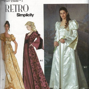 May include: A sewing pattern for three different styles of long dresses. The dresses are shown in white, yellow, and burgundy. The pattern is for sizes 6, 8, 10, and 12. The pattern is called "Retro" and is from Simplicity.
