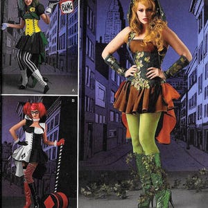 May include: A sewing pattern for three different costumes. The first costume is a black and white jester costume with a red and white hat. The second costume is a green and brown Poison Ivy costume with a green bodice and brown skirt. The third costume is a black and green Harley Quinn costume with a black and white top and a red and black skirt. The pattern is from Simplicity and is designed and printed in the USA.