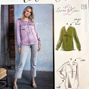 Op de afbeelding: Een naaipatroon voor een damesblouse met lange mouwen. Het patroon bevat instructies voor het maken van een placket, een band, een kraag en manchetten. Het patroon is gelabeld "Learn to Sew" en heeft de hashtag #MattieMcCalls.