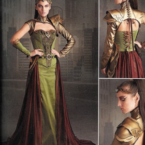 May include: Simplicity sewing pattern number 8363 for a fantasy costume with a green and burgundy skirt, gold and brown bodice, and gold and brown arm armor. The pattern includes a close-up of the bodice and arm armor.