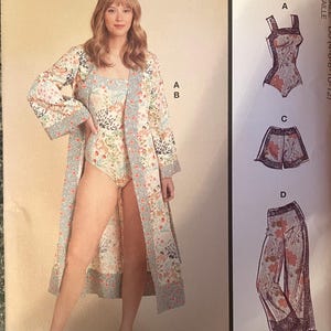 May include: McCall's sewing pattern featuring a woman modeling a floral print robe, bodysuit, shorts, and pants. The pattern includes multiple view options with simple instructions. Designed and printed in the USA.