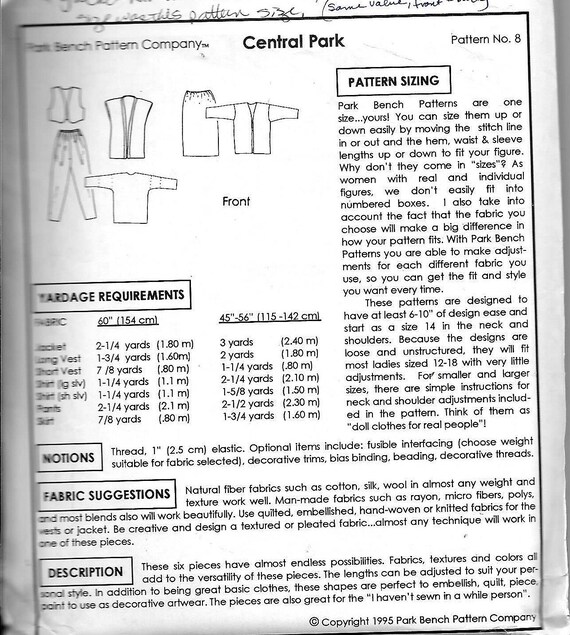 Park Bench Pattern Co No 8 Central Park Jacket Top Vest Etsy