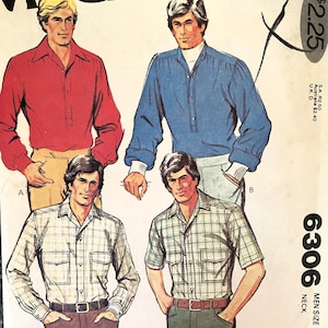 May include: Vintage McCall's sewing pattern 6306 featuring illustrations of men's shirts. The pattern includes options for long-sleeve and short-sleeve shirts in various colors and patterns. The price is $2.25.