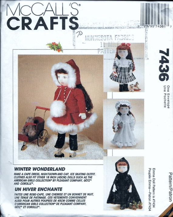 Mccall's 7436 Vintage Emma 18 Inch American Girl Doll Winter