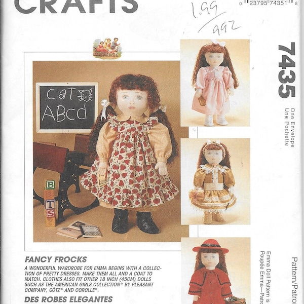 McCall's 7435 Emma Doll Clothes 18 Inch American Girl Sewing Pattern UNCUT Coat Dress Gotz Corolle Pleasant Company