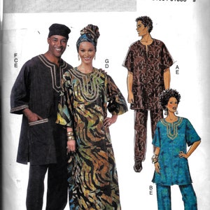 May include: A sewing pattern for a set of clothing. The pattern includes a long dress with a colorful print, a long-sleeved shirt with a brown print, and a pair of pants with a blue print. The pattern is for sizes small, medium, large, and extra large. The pattern is from Butterick and the pattern number is R10041.