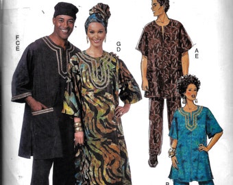 Butterick R10041/B5725/5725 Ethnic Tunic Caftan Pants Turban Hat Men's And Misses Sewing Pattern 10041 UNCUT Size S, M, L