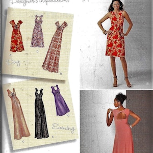 May include: Simplicity sewing pattern number 0251 for a dress with a keyhole back. The pattern includes four different styles: a short floral print dress, a long floral print dress, a long peach dress, and a long black dress. The pattern is for sizes 20W-28W.