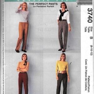 May include: A sewing pattern for pants, featuring three different styles. The pattern is for sizes 8-10-12. The pattern is called "The Perfect Pants" and is from McCall's.
