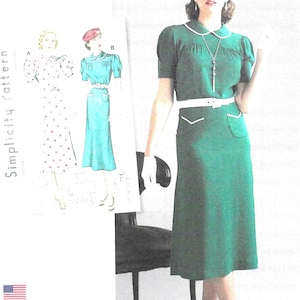 Op de afbeelding: Simplicity naaipatroon nummer 8248 voor een vintage jurk uit de jaren 1930. Het patroon bevat twee jurkstijlen, een met stippen en een effen groen. Het patroon is ontworpen en gedrukt in de VS.