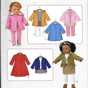 May include: A sewing pattern for making doll clothes. The pattern includes instructions for making a pink coat, a blue coat, a red coat, a yellow coat, a pink jacket, a blue jacket, a green jacket, a plaid skirt, a pair of white pants, a pair of pink pants, and a pair of white pants. The pattern is for one size and is designed by Elaine Heigl.