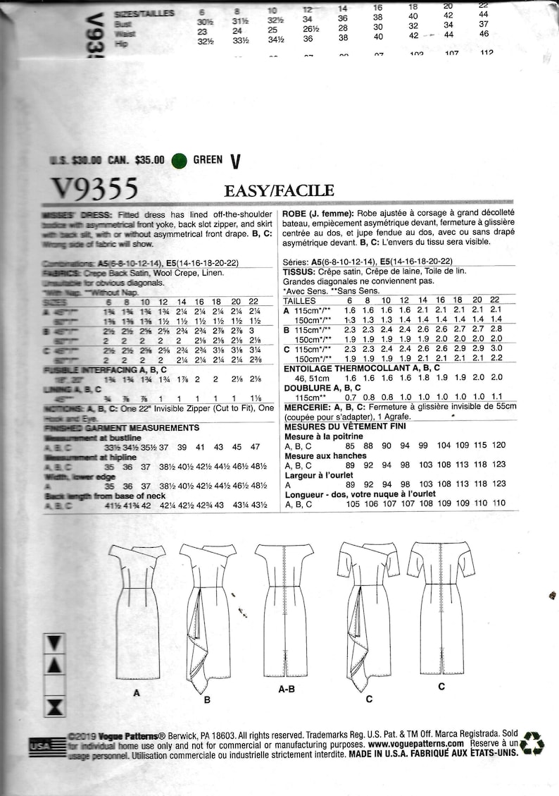 16 20 Vogue V9355 Off the Shoulder Bodice Formal Dress Sewing Pattern 9355 UNCUT Plus Size 14 22 18