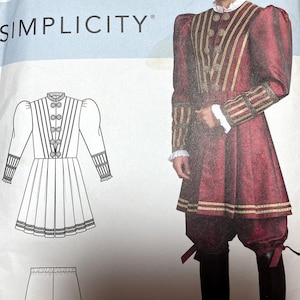 May include: Simplicity costume pattern featuring a Renaissance-style outfit. The costume includes a burgundy tunic with gold trim, matching breeches, and black boots. The pattern also shows a dress and bloomers.