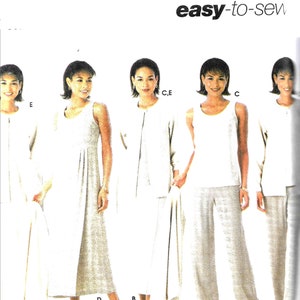May include: A sewing pattern for a sleeveless dress, pants, and a cardigan. The pattern is from Simplicity and is easy to sew. The pattern includes sizes C, E, and A.