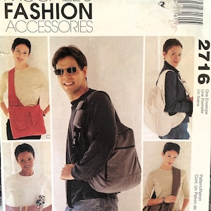 May include: McCall's Fashion Accessories pattern envelope showing images of shoulder bags in various styles. The bags are in different colours, including red, brown, and beige. The envelope also includes the pattern number 2716.