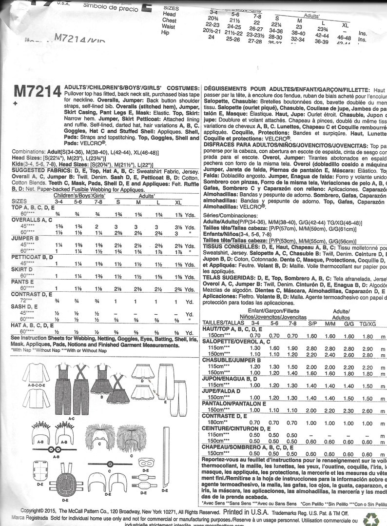 McCall/'s M7214 Adult Ninja Turtle M Minion Costume Sewing Pattern 7214 UNCUT Size S XL L