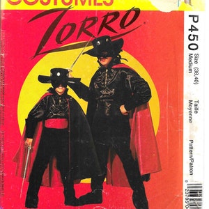 May include: A sewing pattern for a Zorro costume. The pattern includes instructions for making a black and red costume with a mask and cape. The pattern is for sizes 38-40. The text on the pattern reads "Zorro Costumes...the legend continues..."