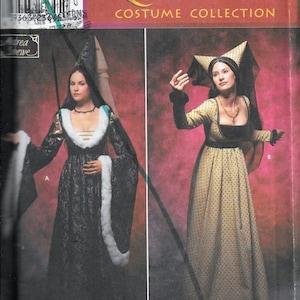 May include: Simplicity Renaissance Costume Collection sewing pattern number 9058. The pattern includes two different styles of Renaissance gowns. One gown is black with a white fur trim and the other is a yellow gown with black polka dots.