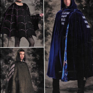 May include: Simplicity sewing pattern R10296 OS, featuring three different cape designs. The first cape is black with a purple spiderweb design, the second is green with grey stripes, and the third is blue with a blue and white patterned lining.