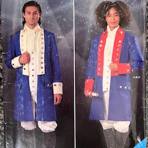 May include: A sewing pattern for a historical costume. The pattern includes instructions for making a blue coat with white and red accents. The pattern is labeled "R004" and "COSTUMES".