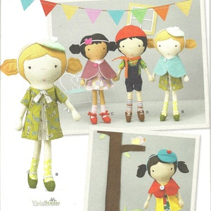 May include: Simplicity sewing pattern for 18-inch dolls and clothes. The image shows four dolls with different outfits, including dresses, overalls, and capes. The dolls have various hairstyles and accessories. The pattern includes the text "U.S. ONE SIZE".